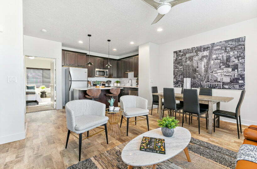 Second photo of open concept of a 3 bedroom furnished townhome near Salt Lake City.